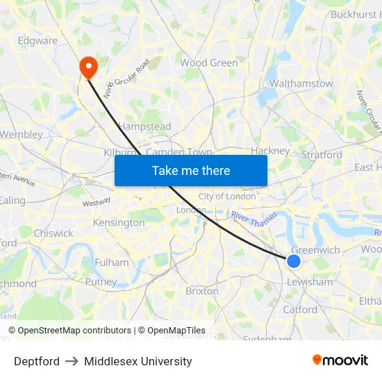 Deptford to Middlesex University map