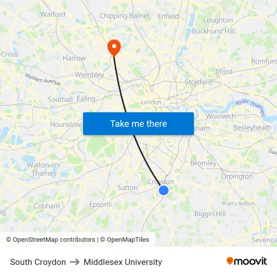 South Croydon to Middlesex University map