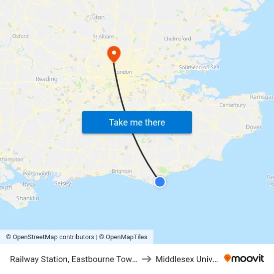 Railway Station, Eastbourne Town Centre to Middlesex University map