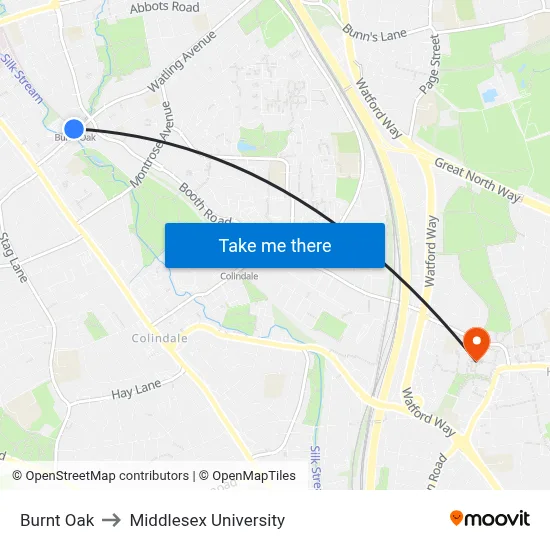 Burnt Oak to Middlesex University map