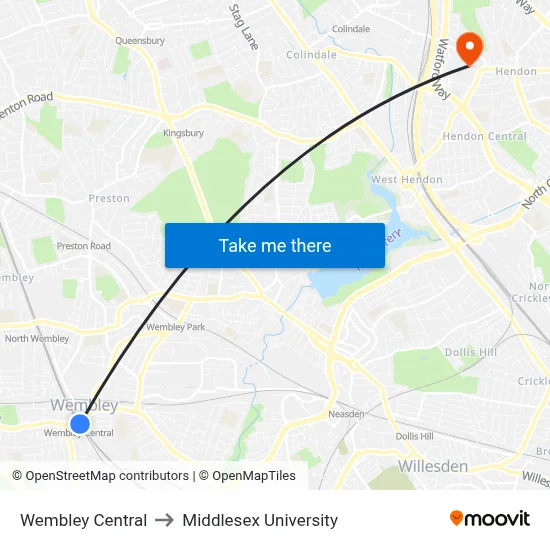 Wembley Central to Middlesex University map
