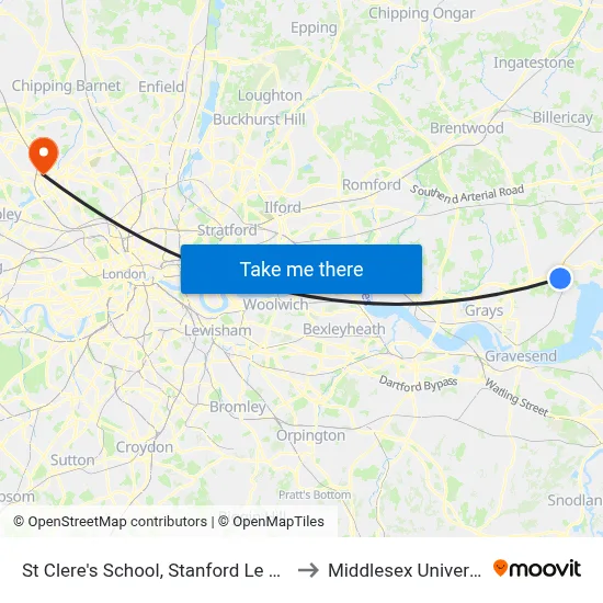 St Clere's School, Stanford Le Hope to Middlesex University map