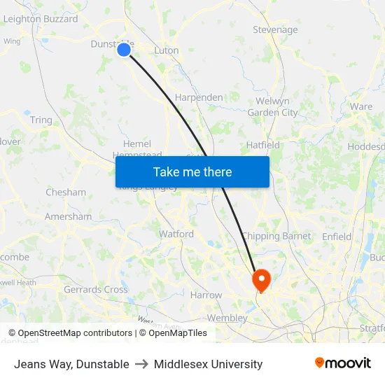 Jeans Way, Dunstable to Middlesex University map