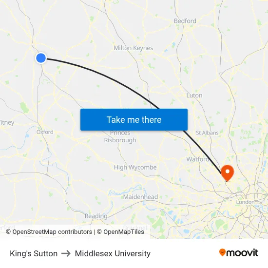 King's Sutton to Middlesex University map