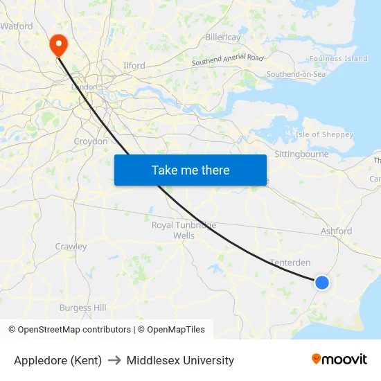 Appledore (Kent) to Middlesex University map