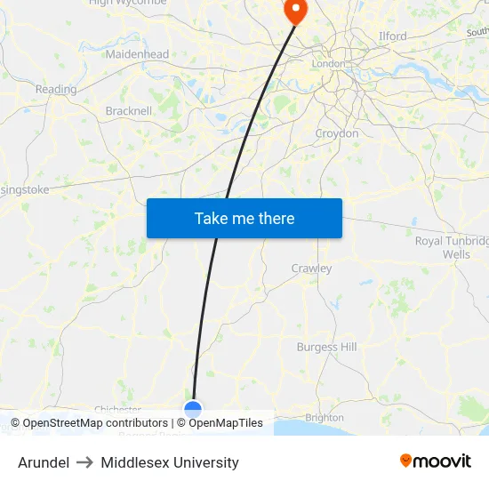Arundel to Middlesex University map