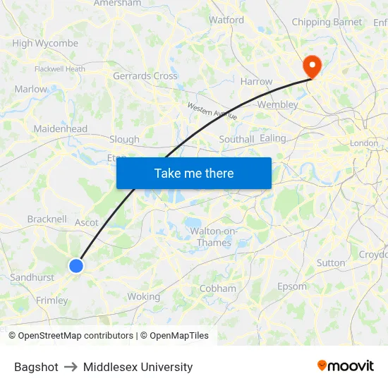 Bagshot to Middlesex University map