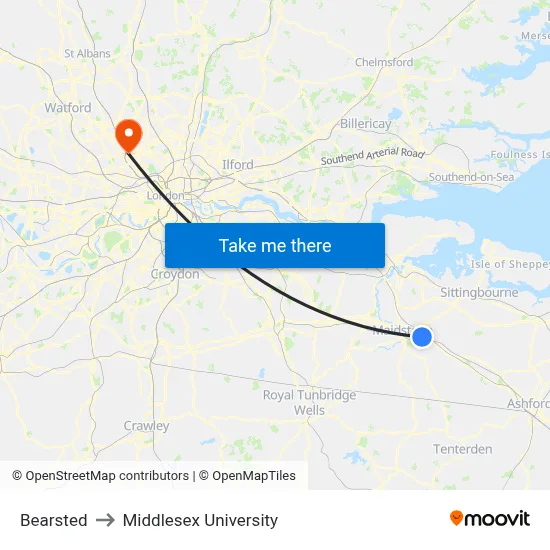 Bearsted to Middlesex University map