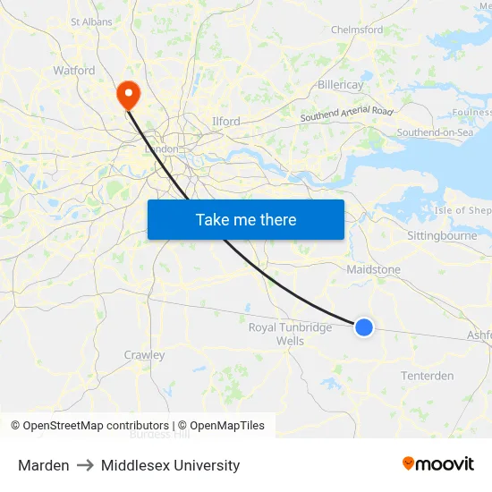 Marden to Middlesex University map