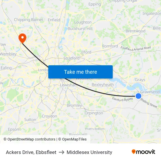Ackers Drive, Ebbsfleet to Middlesex University map