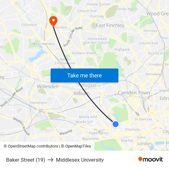 Baker Street (19) to Middlesex University map