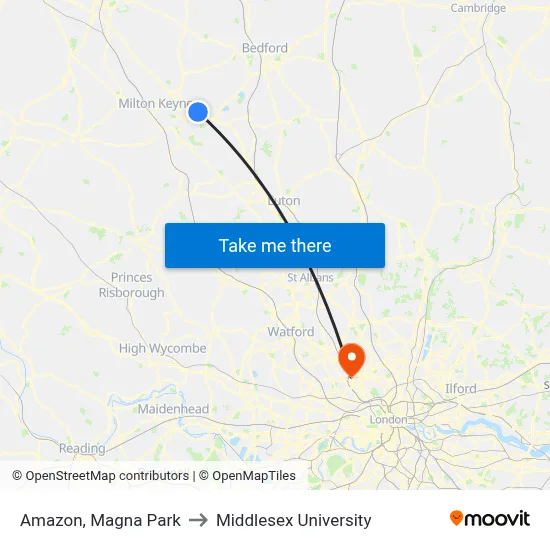 Amazon, Magna Park to Middlesex University map