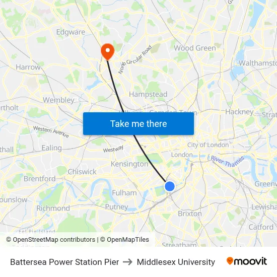 Battersea Power Station Pier to Middlesex University map