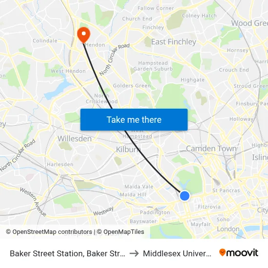 Baker Street Station, Baker Street to Middlesex University map