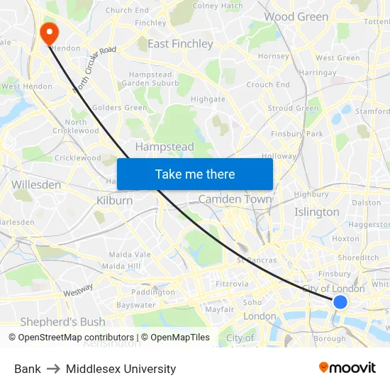 Bank to Middlesex University map