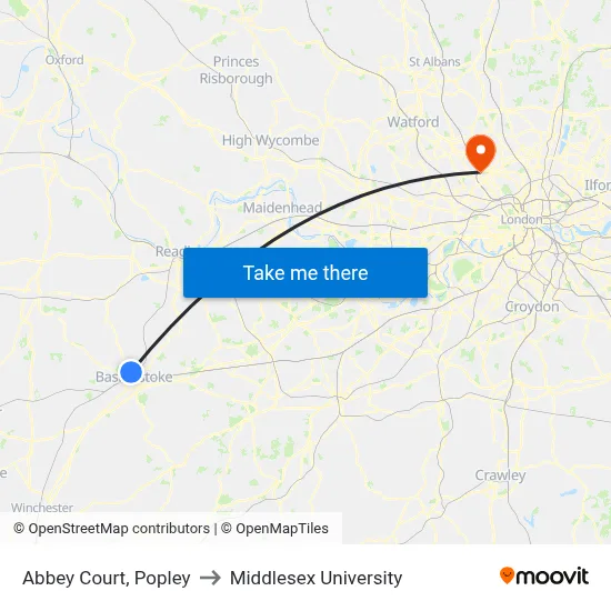 Abbey Court, Popley to Middlesex University map