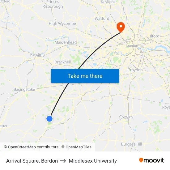 Arrival Square, Bordon to Middlesex University map
