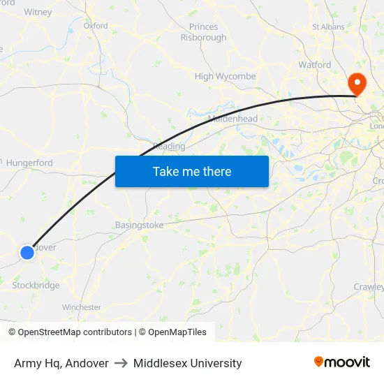 Army Hq, Andover to Middlesex University map