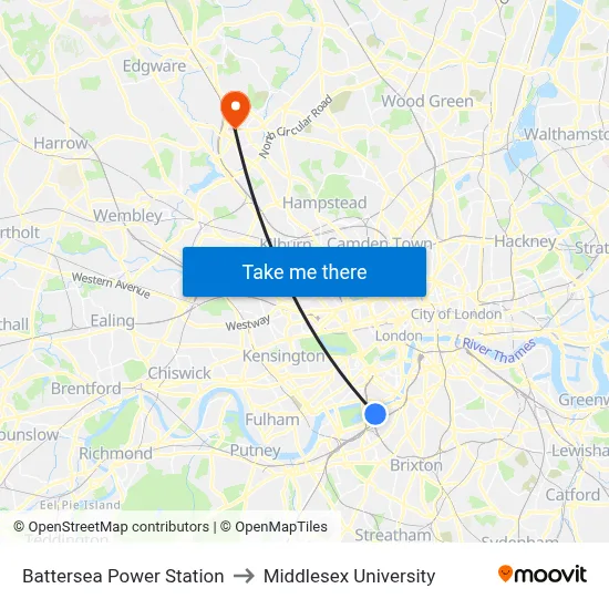 Battersea Power Station to Middlesex University map
