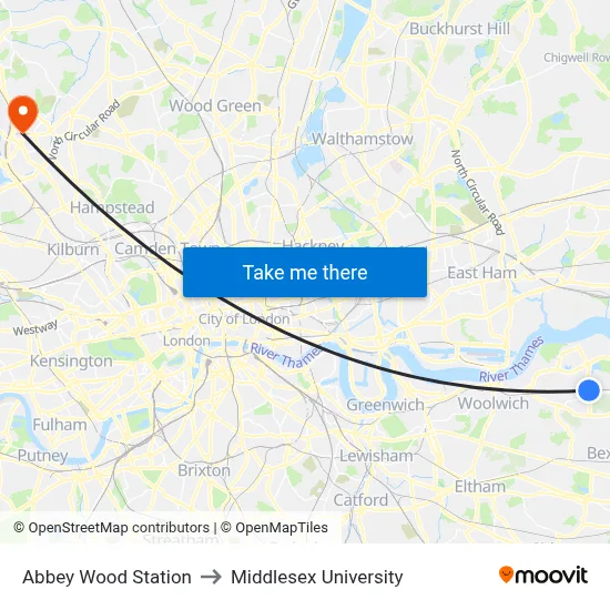 Abbey Wood Station to Middlesex University map