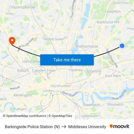 Barkingside Police Station (N) to Middlesex University map