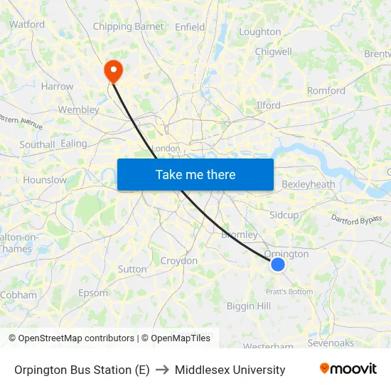 Orpington Bus Station (E) to Middlesex University map