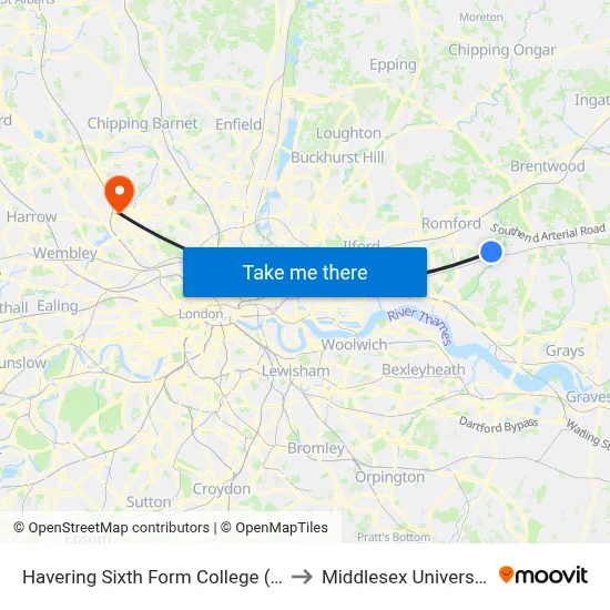 Havering Sixth Form College (C) to Middlesex University map