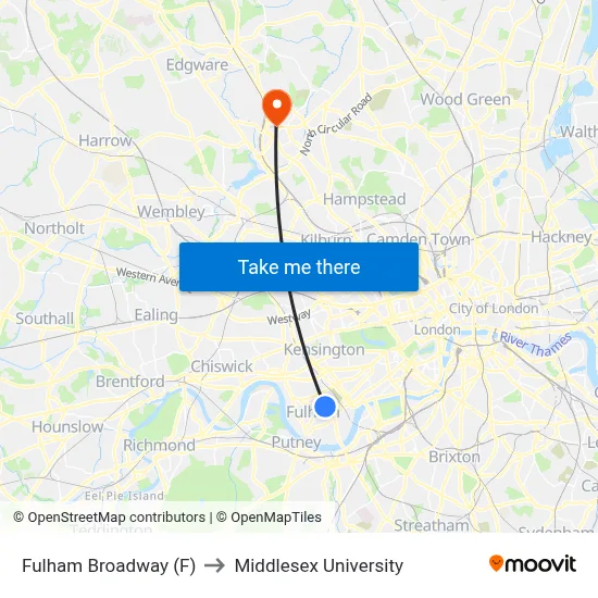 Fulham Broadway (F) to Middlesex University map