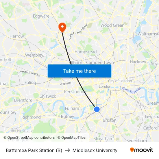 Battersea Park Station (B) to Middlesex University map