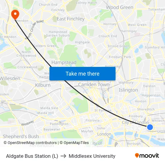 Aldgate Bus Station (L) to Middlesex University map