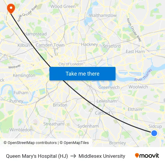Queen Mary's Hospital (HJ) to Middlesex University map