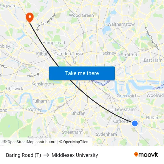 Baring Road (T) to Middlesex University map