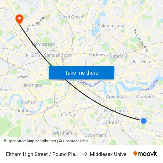 Eltham High Street / Pound Place (S) to Middlesex University map