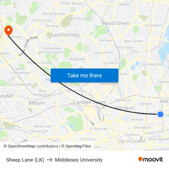 Sheep Lane (LK) to Middlesex University map