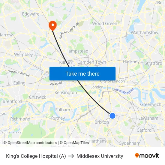 King's College Hospital (A) to Middlesex University map