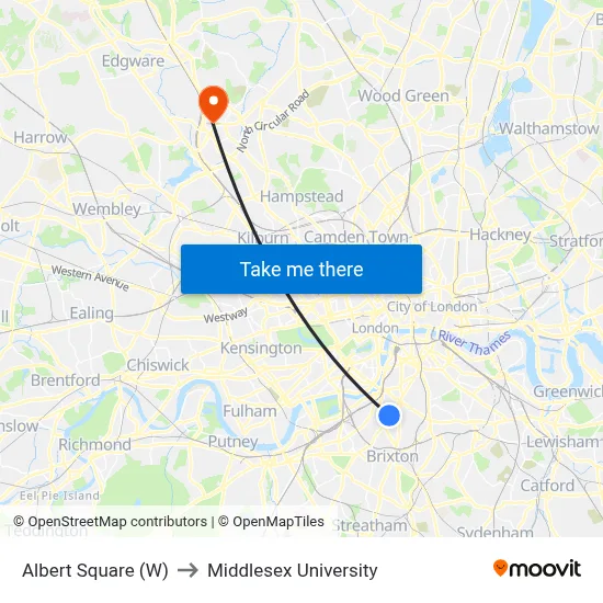 Albert Square (W) to Middlesex University map