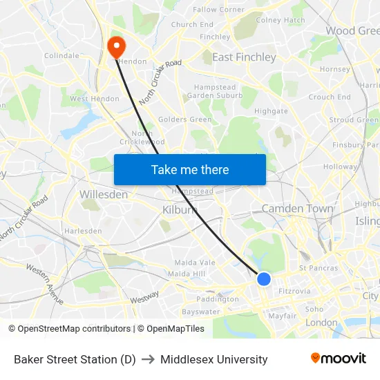 Baker Street Station (D) to Middlesex University map