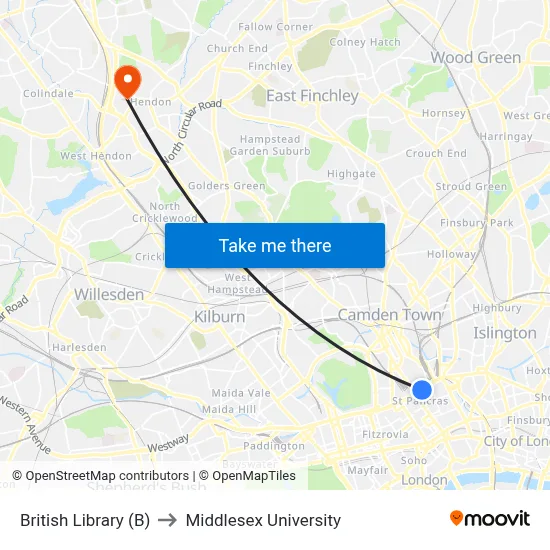 British Library (B) to Middlesex University map