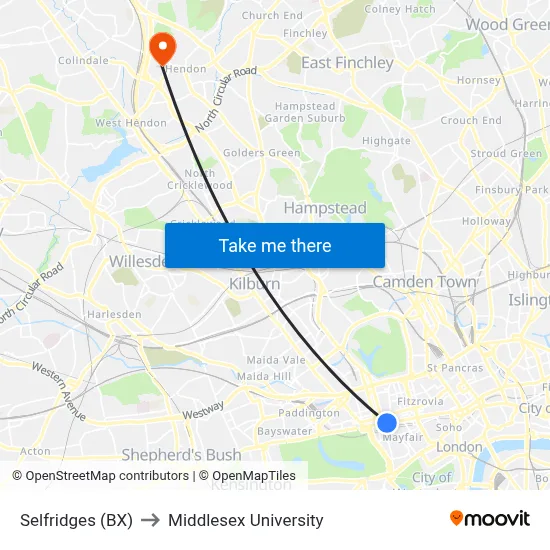 Selfridges (BX) to Middlesex University map