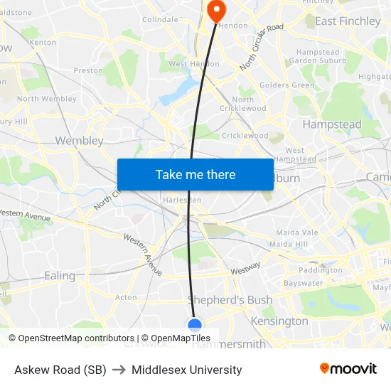 Askew Road (SB) to Middlesex University map