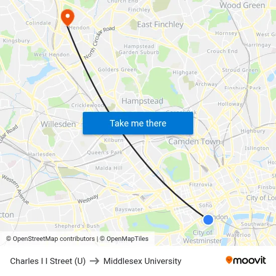 Charles I I Street (U) to Middlesex University map