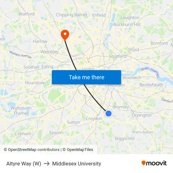 Altyre Way (W) to Middlesex University map