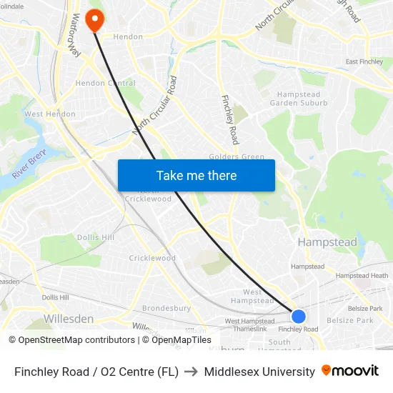 Finchley Road / O2 Centre (FL) to Middlesex University map