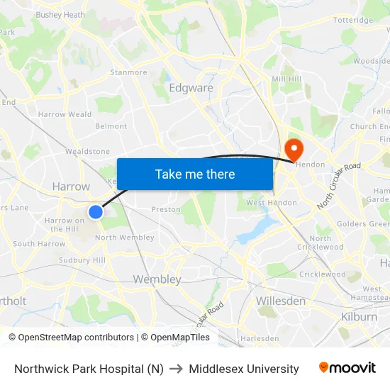 Northwick Park Hospital (N) to Middlesex University map
