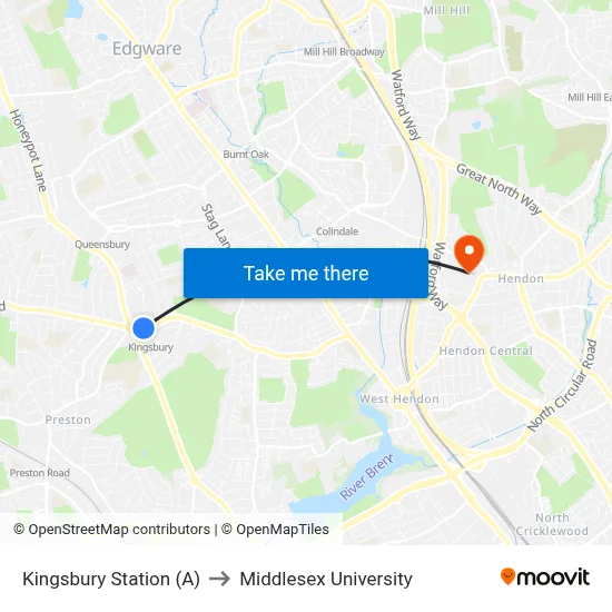 Kingsbury Station (A) to Middlesex University map