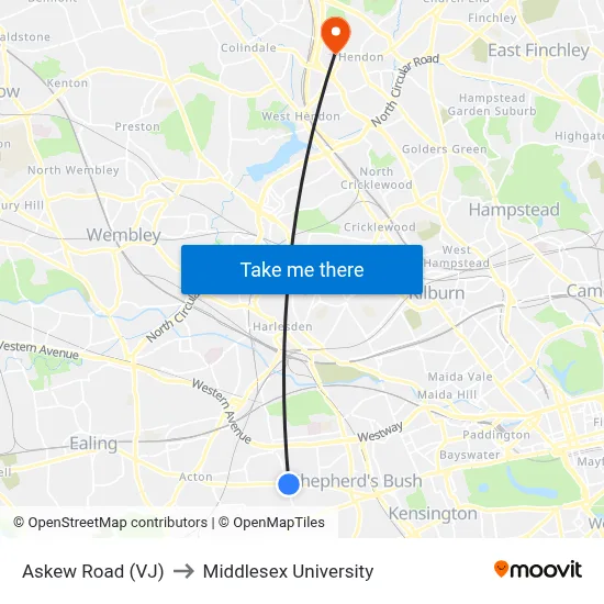Askew Road (VJ) to Middlesex University map