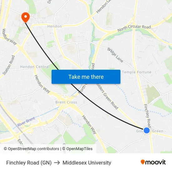 Finchley Road (GN) to Middlesex University map