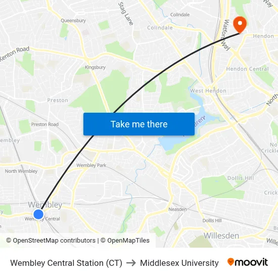 Wembley Central Station (CT) to Middlesex University map