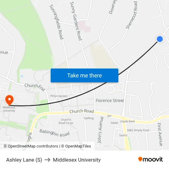 Ashley Lane (S) to Middlesex University map