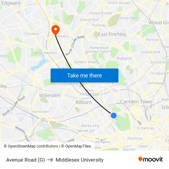Avenue Road (G) to Middlesex University map